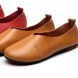 Camel Brown Leather Flats Shoes Woman Leather Loafers Shoes | Size 9.5